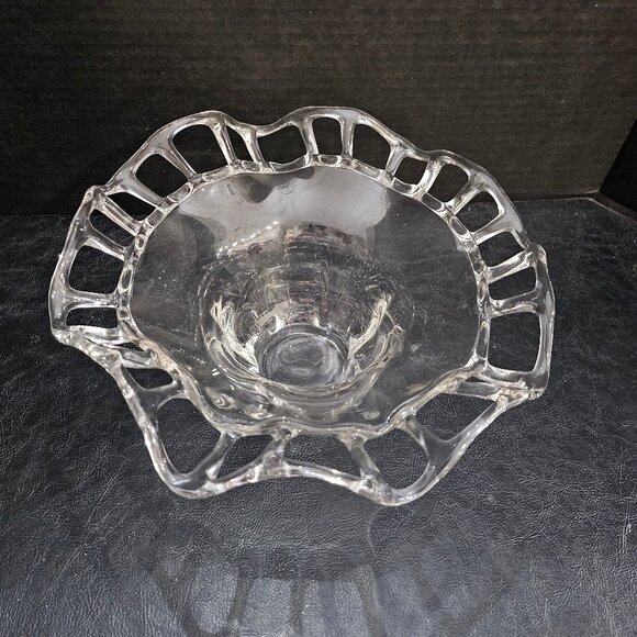Vintage 1940s Duncan Miller Clear Art Glass Centerpiece Bowl Open Lace Edge - Picture 1 of 10